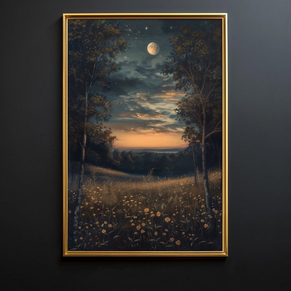 Early Dawn - Printable Floral Moon Art, Celestial Art, Moon and Stars Art, Floral Night Art, Vintage Oil Painting, Night Flower Art