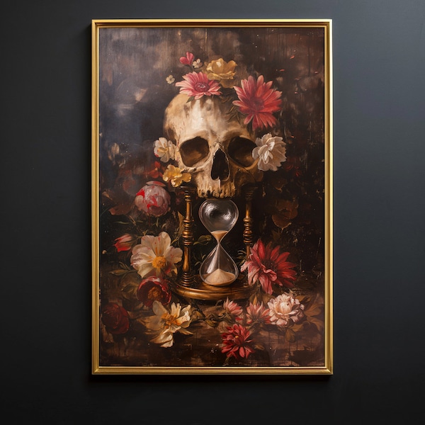 Out of Time - Printable Vanitas Art, Goblincore Art, Gremlincore Art, Vintage Floral Skull Painting, Memento Mori, Skulls and Flowers