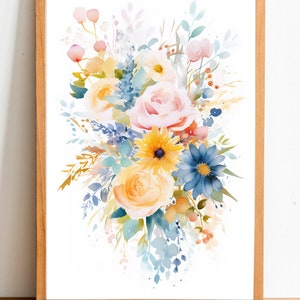 Flower Bouquet watercolor flower art digital printable, home decor, wall art, floral wall art, botanical art, boho, cottagecore