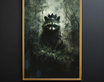 Trash King - Printable Raccoon Art, Dark Animal Art, Dark Academia Art, Gothic Quirky Art, Forestcore Art, Woodland Creature Art