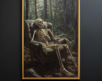 Favorite Chair - Printable Dark Cottagecore Art, Goblincore Art, Gremlincore Art, Skeleton Art, Vintage Painting, Gothic Art, Forestcore Art