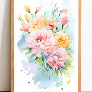 Carnation watercolor flower art digital printable, home decor, wall art, floral wall art, botanical art, Carnations
