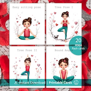 Schede didattiche di yoga per bambini / Pose illustrate con una ragazza carina / Divertimento educativo di yoga / Set di 20 schede / Attività di movimento per bambini