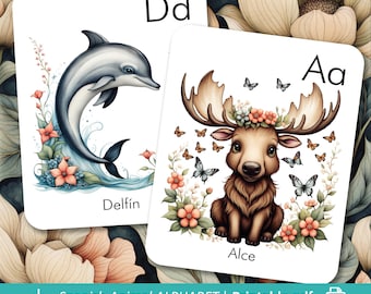Tarjetas del alfabeto español con animales: tarjetas imprimibles del alfabeto A-Z + Ñ, aprendizaje bilingüe, educación en casa y Montessori