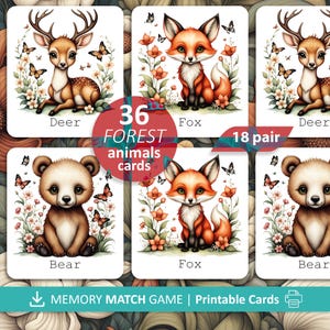 Gioco di memoria sugli animali della foresta, gioco di abbinamento stampabile per bambini, attività educativa sulla natura, carte sugli animali del bosco