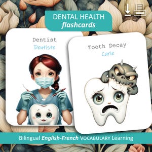 Karty do nauki zdrowia jamy ustnej – dwujęzyczne, angielskie i francuskie do druku | Szczoteczka do zębów, dentysta, nić dentystyczna | Karty do nauki języka angielskiego dla przedszkolaków i ESL