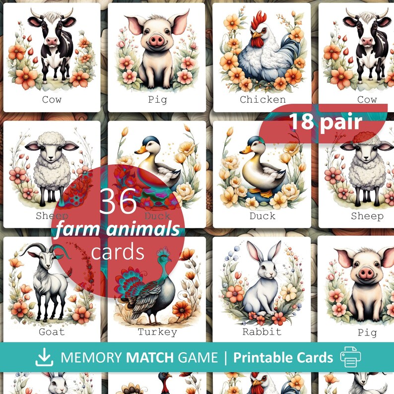 Farm Animals Memory Game - Educational Matching Activity for Kids ...
