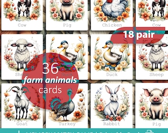 Juego de memoria de animales de granja: Tarjetas imprimibles (descarga digital)