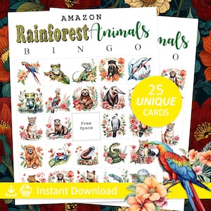 Bingo de Animais da Floresta Amazônica – Jogo de Selva para Imprimir para Crianças, Atividade Educativa sobre a Vida Selvagem, Diversão em Sala de Aula e Festas