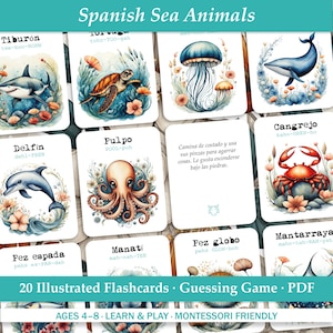 Tarjetas de animales marinos imprimibles, tarjetas de animales del océano en español para niños, PDF educativo bilingüe para educación en casa