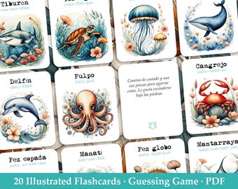 Spanish Sea Animals Flashcards: Bilingual Learning Game (PDF Download)