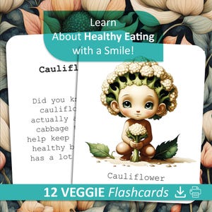 Flashcards amusants sur les légumes pour les enfants - Ensemble éducatif imprimable avec Informations sur la santé au dos | Illustrations mignonnes | École à la maison et école maternelle