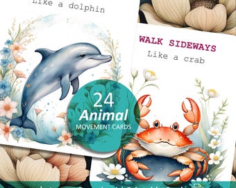 Flashcards de movimento animal, cartões de atividades motoras brutas para impressão para crianças, pausas para o cérebro, educação física, terapia, diversão em casa