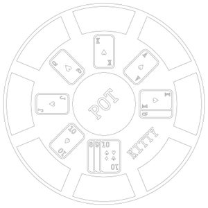 May include: A black and white line drawing of a poker table with cards and the word "POT" in the center. The table has seven seats, and each seat has a card in front of it. The cards are all hearts, and they are a 9, 10, Jack, Queen, King, and Ace. There is also a pile of cards in the center of the table, labeled "KITTY".