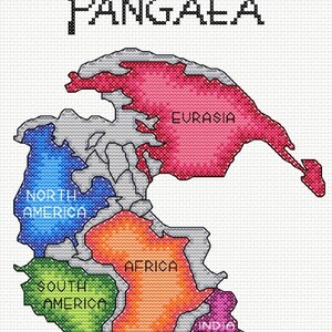 May include: A cross-stitch illustration of the supercontinent Pangaea, showing the continents of North America, South America, Africa, Eurasia, India, Australia, and Antarctica. The continents are outlined in black and filled with different colors.