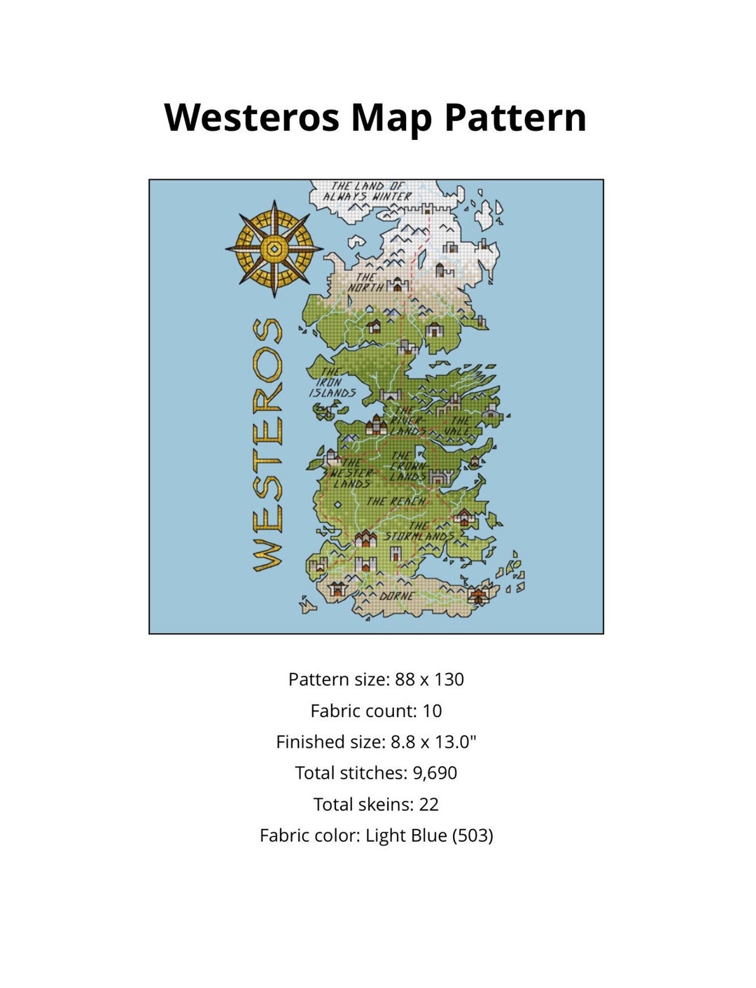 Westeros Map Game of Thrones Cross Stitch Pattern PDF