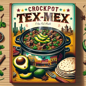 May include: A vintage-style cookbook cover with a yellow background and a red border. The title is "Crockpot Tex-Mex 5 Low Fat Meals". The cover features a brown crockpot filled with a stew, topped with avocado slices and cilantro. There are also tortillas and a fork on the table.