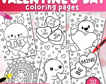 30 Valentine’s Day Coloring Pages for Kids |  Printable Valentine Coloring Book, Cute Hearts & Animals, Classroom Activity