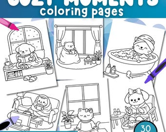 30 Cozy Printable Coloring Pages | 30 Cute Cozy Moments Coloring Pages with Animals & Relaxing Hobbies | Instant Download PDF
