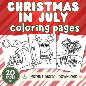 以下が含まれることがあります： 7月のクリスマスをテーマにした20ページの塗り絵デジタルコレクション。サーフボードを持ったサンタ、ヤシの木のあるビーチハウス、プレゼントが置かれたヤシの木の白黒線画が含まれています。テキストには「CHRISTMAS IN JULY coloring pages」と書かれています。