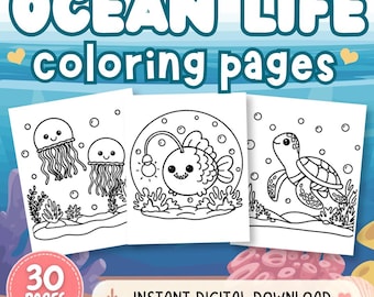 Può includere: Una collezione digitale di 30 pagine da colorare sulla vita oceanica con disegni al tratto in bianco e nero di meduse, una rana pescatrice e una tartaruga marina. Il testo recita OCEAN LIFE coloring pages e INSTANT DIGITAL DOWNLOAD.