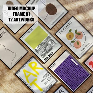 Puede incluir: Una colección de 12 pósters enmarcados con diversos diseños, que incluyen formas abstractas, patrones geométricos y texto. Los pósters están dispuestos sobre una superficie de madera y todos están en marcos negros.
