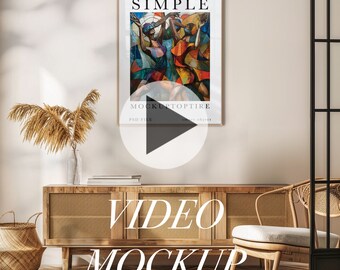 May include: A video mockup with a play button in the center of the screen. The video is set in a living room with a wooden cabinet, a wicker chair, and a framed abstract painting on the wall. The text "VIDEO MOCKUP" is displayed on the cabinet.