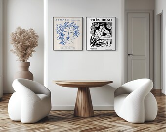 Könnte beinhalten: Zwei schwarz-weiße gerahmte Drucke mit minimalistischen Linienkunstdesigns. Der Druck auf der linken Seite zeigt ein Frauen Gesicht mit Blumen und den Text "SIMPLE" und "MOCKTOPTIRE". Der Druck auf der rechten Seite zeigt eine Frau, die auf einem Stuhl mit Blumen sitzt und den Text "TRÉS BEAU" und "Franch".
