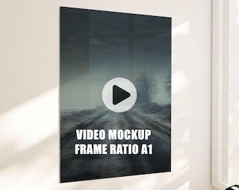 May include: A video mockup with a play button in the center, set against a foggy, snowy landscape. The text "VIDEO MOCKUP FRAME RATIO A1" is displayed below the play button.