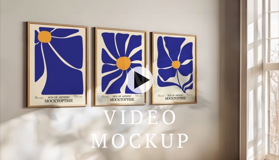 Three Frame Video Mockup, Animated frame Mockup, PSD Smart Object, Print wall mockup video, wall art mockup video, Wooden Frame Mockup