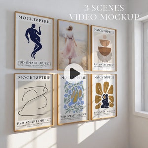 May include: A mockup of three video frames with gold frames. The frames are hanging on a white wall. The frames contain different abstract designs. The text "MOCKTOPTRIE" and "PSD SMART OBJECT" is visible on each frame.