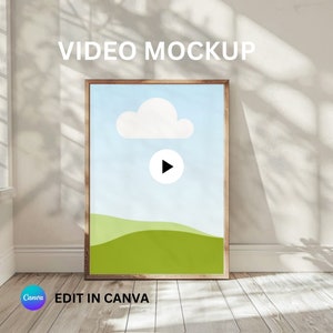 Może przedstawiać: Mockup wideo z przyciskiem odtwarzania w środku oprawionego obrazu. Obraz przedstawia błękitne niebo z białą chmurą i zielonym, trawiastym wzgórzem. Tekst "VIDEO MOCKUP" znajduje się u góry obrazu, a tekst "EDIT IN CANVA" u dołu obrazu.