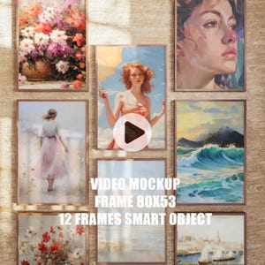 May include: A mockup of 12 frames with different paintings inside. The frames are 80x53 inches and are arranged in a grid pattern on a wooden wall. The paintings include a floral still life, a seascape, a portrait of a woman, and a landscape.