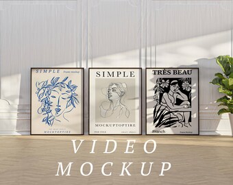 Maquette de cadre vidéo à trois images, maquette de cadre animée, objet intelligent PSD, maquette de cadre d'impression, maquette de cadre d'art mural en bois noir, maquette Mp4