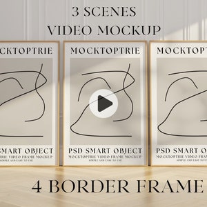 Pode incluir: Três maquetes de molduras de vídeo com um fundo marrom claro e um desenho de linha preta. As molduras são de madeira com um passe-partout branco e são exibidas em um piso de madeira. O texto "MOCKTOPTRIE" está no topo de cada moldura. O texto "PSD SMART OBJECT" está na parte inferior de cada moldura. O texto "3 SCENES VIDEO MOCKUP" está no topo da imagem. O texto "4 BORDER FRAME" está na parte inferior da imagem.