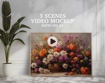 3 scenes ISO A1 Video Frame Mockup, Animated frame Mockup, PSD smart object, Vertical frame mockup, Wooden Frame Mockup, PSD Mp4 mockup