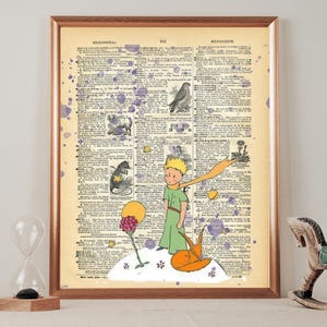 KUNSTDRUCK auf antiker Wörterbuchseite - Der kleine Prinz, Prinz mit Fuchs, Kindergeschichte, Vintage, Wand Kunst Druck, Wörterbuchseite