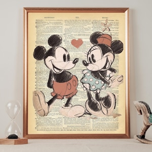 May include: A vintage-style print of Mickey Mouse and Minnie Mouse in black and white, with a red heart between them. The print is on a background of a dictionary page with text in black and white.