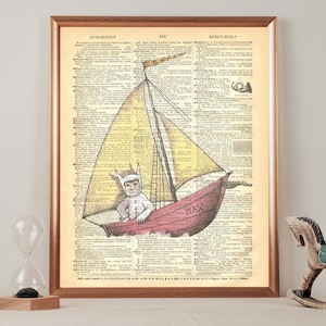 KUNSTPRINT op oude antieke boekenpagina - Where The Wild Things Are, Max in zeilboot, zeilen, vintage, Wall Art Print, woordenboekpagina