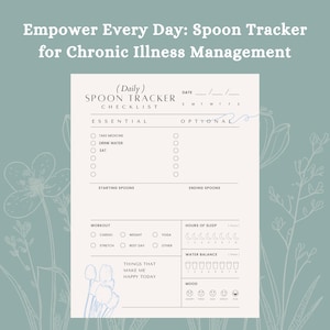 May include: A printable daily spoon tracker checklist for chronic illness management. The checklist includes sections for essential tasks like taking medicine, drinking water, and eating, as well as optional activities like working out, yoga, and resting. There are also sections for tracking sleep, water intake, and mood.