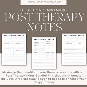 Puede incluir: Tres páginas imprimibles de "Notas de Terapia Posterior" con un diseño minimalista. Las páginas son blancas con texto y títulos en negro, incluyendo secciones para objetivos, notas y elementos de acción. El texto "DESCARGA INSTANTÁNEA" está en la parte superior.