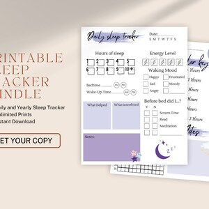 May include: Printable sleep tracker bundle with a daily and yearly tracker. The tracker includes sections for hours of sleep, energy level, waking mood, and activities before bed. The design features a purple and white color scheme with stars and a crescent moon.