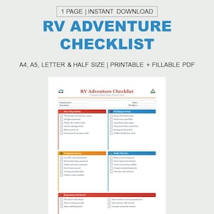 RV Checklist Printable | Digital Download, Comprehensive Camper and Motorhome Departure, Setup & Safety Checklist, RV Travel Planner Insert