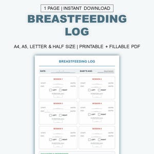 Registro de lactancia materna imprimible / Registro de alimentación del bebé / Diario de lactancia para recién nacidos / Descarga digital / PDF (A4, A5, Carta, Media Carta)