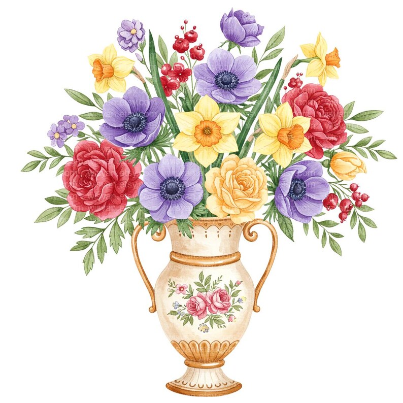 Watercolor Floral Vase Clipart Bundle: Vintage Bouquet PNG ...