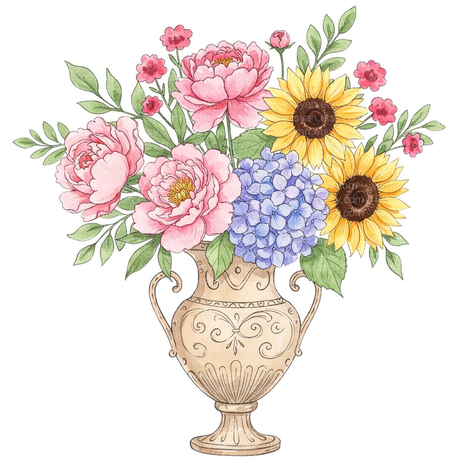 Watercolor Floral Vase Clipart Bundle: Vintage Bouquet PNG ...