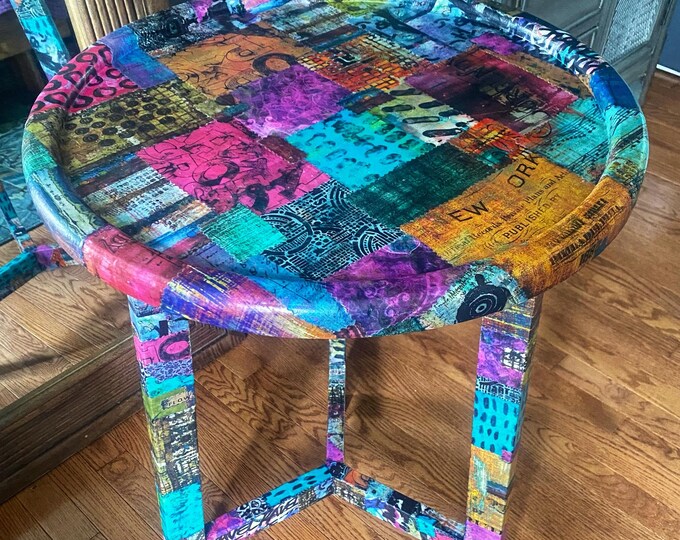 Colorful Collage Table Boho Eclectic Side Table in Collage Patchwork Design | Colorful End ...