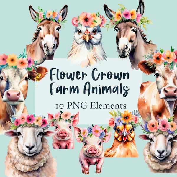 flower crown farm animals watercolor sublimination clipart digital cow sheep pig donkey chicken