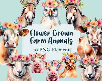 flower crown farm animals watercolor sublimination clipart digital cow sheep pig donkey chicken