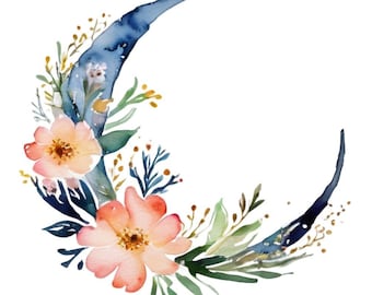 Mondsichel und Blumen Aquarell Zeichnung Clipart digitaler Download